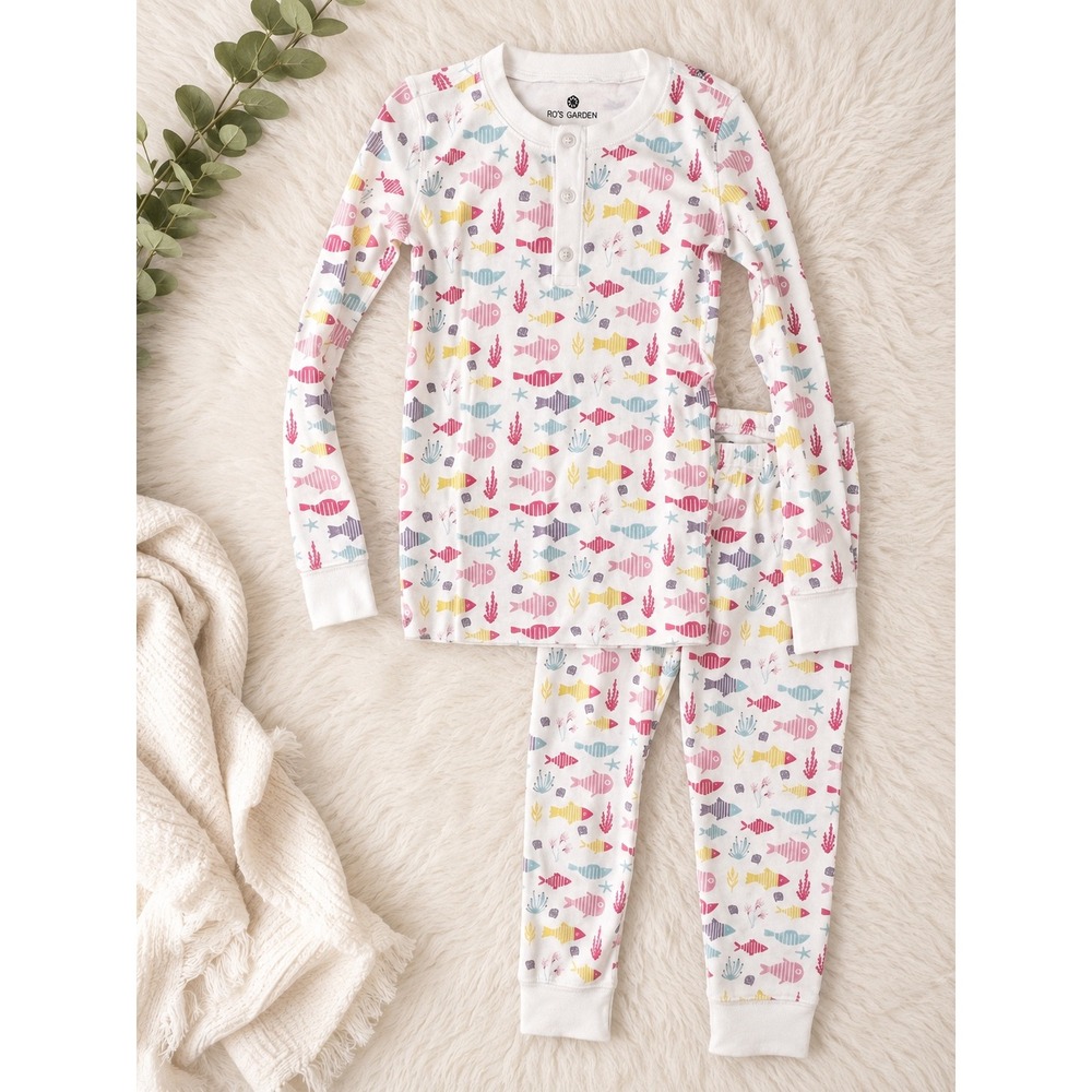 Ros Garden Cameron Paradise Kids Pajamas Pink Multi Fish Print Set Size 6 NWT